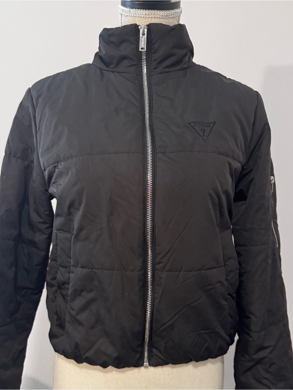 Guess Women's Black Cropped Quilted Puffer Bomber Jacket Size Small
